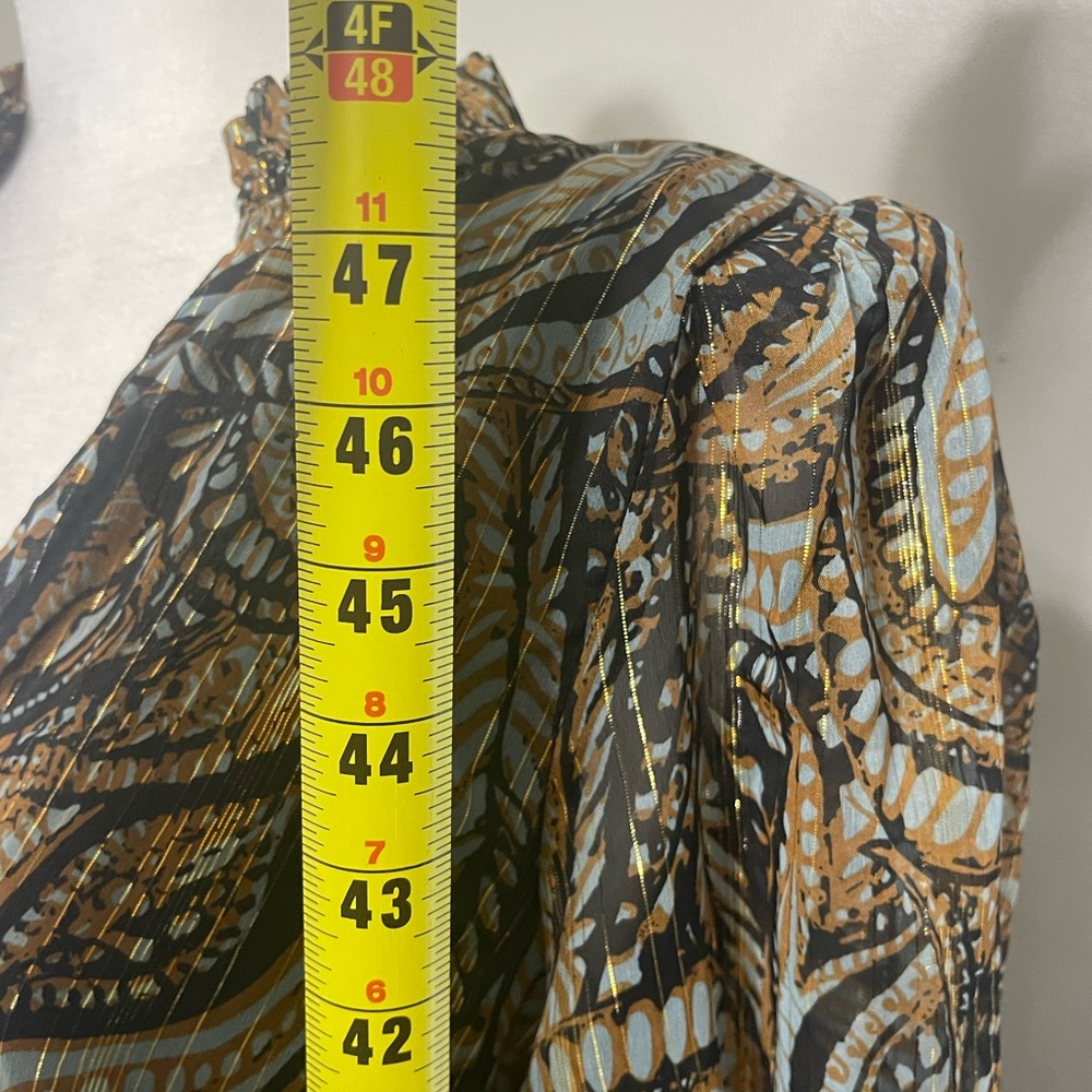 Elan Maxi Med. Dress Tiered Sheer Lined 3/4 Sleeve Metalic Gold Fairy Whimsical - Picture 5 of 14